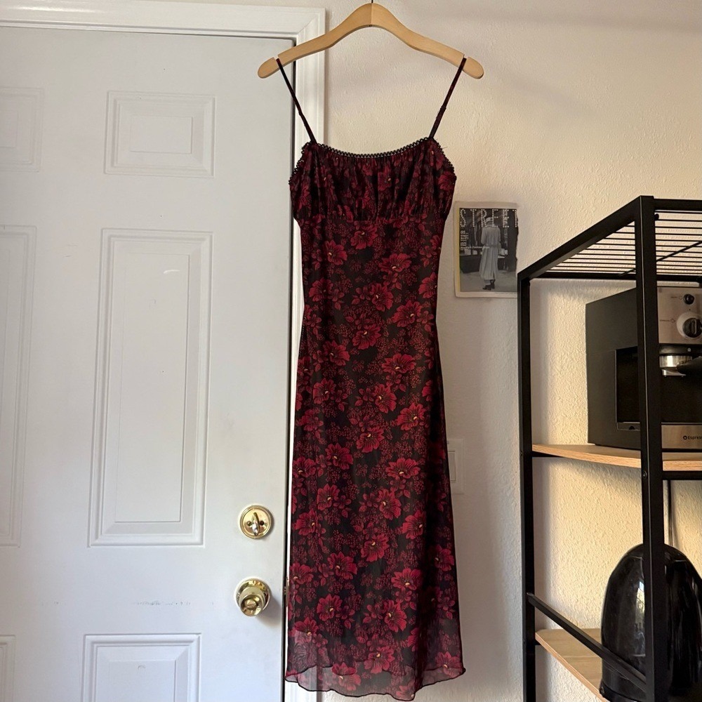 Vrg Grl Black Red Floral Mesh Knit Sheer Spaghetti Sleeveless Midi Dress